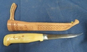 Vintage J Marttiini Finland Hand Engraved Fishing Fillet Knife with Sheath 8