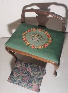 Vintage Needlepoint Vanity Seat and Foot Stool