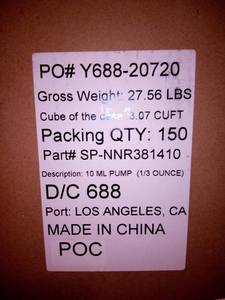 18 boxes of 150ea.  Gallon Hand Pumps.  All NEW in case packs