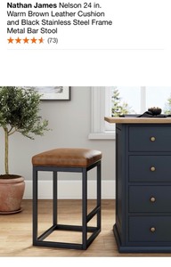 lot 50 image: NATHAN JAMES Nelson 24 in. Warm Brown Leather Cushion and Black Stainless Steel Frame Metal Bar Stool. See Pictures
