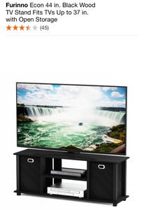 lot 61 image: FURINNO Econ 44 in. Black Wood TV Stand & 43.25 BeechWhite Plastic 4-Shelf Etagere Bookcase. See Pictures