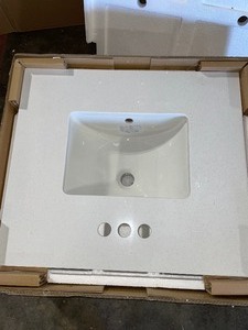 lot 70 image: HOME DECORATORS COLLECTION 25 in. W x 22 in. D Engineered Marble Vanity Top in Snowstorm with White Single Trough Sink. See Pictures