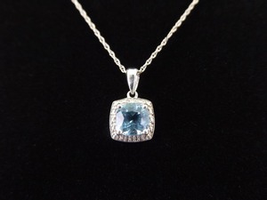 .925 Sterling Silver Diamond Accented Square Cut Topaz Pendant Necklace