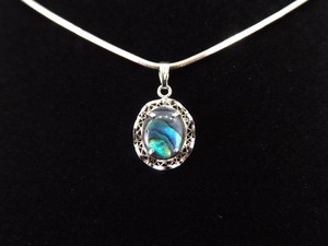.925 Sterling Silver Blue Abalone Cabochon Pendant Necklace