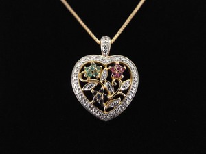 .925 Sterling Silver Diamond Accented Emerald, Ruby, and Sapphire Vermeil Heart Pendant Necklace