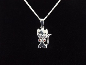 .925 Sterling Silver red Crystal Bow Kitty Kat Pendant Necklace