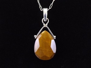 .925 Sterling Silver Larger Faceted Tigers Eye Pendant Necklace