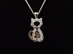 .925 Sterling Silver Diamond Accented Vermeil Cat Pendant Necklace