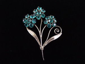 .925 Sterling Silver Vintage Teal Rhinestone Flower Brooch