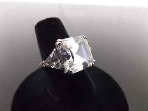 .925 Sterling Silver Large Emerald Cut Cubic Zirconia Cocktail Ring Size 7