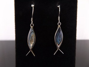 .925 Sterling Silver Inlayed Abalone Fish Dangle Hook Earrings