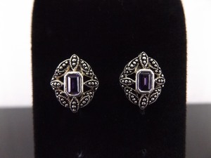 .925 Sterling Silver Art Nouveau Emerald Cut Amethyst Post Earrings