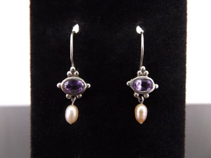 .925 Sterling Silver Oval Cut Amethyst Genuine Pearl Hook Earrings