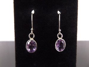 .925 Sterling Silver Oval Cut Amethyst Dangle Hook Earrings