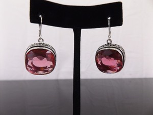 .925 Sterling Silver Pink Sapphire Crystal Dangle Spring Latch Hook Cocktail Earrings
