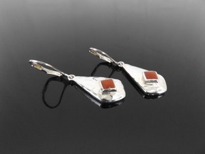 .925 Sterling Silver Red Coral Hand Hammered Dangle Spring Latch Hook Cocktail Earrings