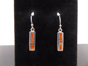 .925 Sterling Silver Inlayed Coral Dangle Hook Earrings