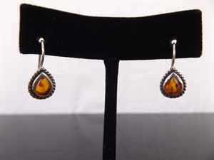 .925 Sterling Silver Amber Pear Cabochon Hook Latch Earrings