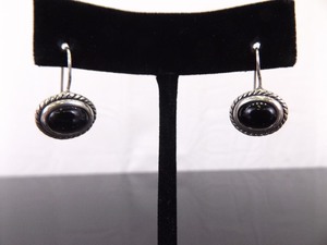.925 Sterling Silver Black Onyx Cabochon Hook Latch Earrings
