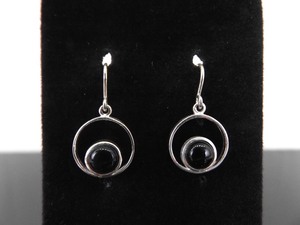 .925 Sterling Silver Black Onyx Cabochon Dangle Hook Hoop Earrings