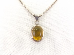 .925 Sterling Silver Amber Cabochon Pendant Necklace