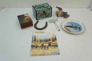 Assortment of house dcor, magazines, jewelry box