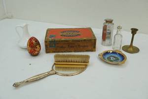 Vintage box, wooden egg, brush and mirror, and more