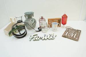 Assorted wall dcor, table dcor, candle holder, and mason jar