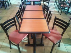 lot 61 image: Tables (3) with 6 Chairs (Rose Gold)