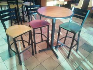 lot 78 image: High Top Table with 3 Chairs (Yellow, Green, Rose).