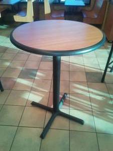 lot 79 image: High Top Table. Wood Grain Laminate, metal base,