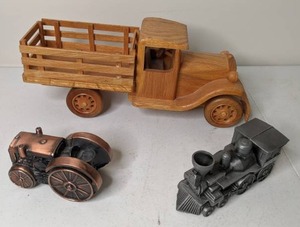 lot 520 image: Wooden Toy Truck, Small Copper Tractor, Small Metal Train