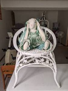 lot 501 image: Whimsical Vintage Decorative Wicker Chair with Hand-Stitched Bunny