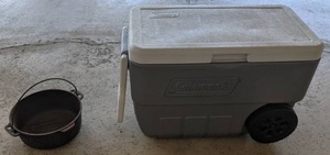 lot 592 image: Coleman Cooler & Cast Iron Dutch Oven