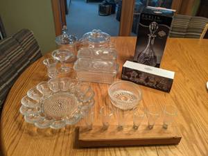 lot 386 image: Dublin Crystal Decanter, Set of 6 Stemless Champagne Flutes on Wood Block, Crystal Deviled Eggs Dish & More see pictures