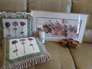 lot 390 image: Dawna Darton 1984 Signed Print, (2) Floral Throw Pillows, (3) Votive Candle Holders, (1) Decorative Candle