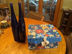 lot 380 image: (4) Blue Glass Bottles & Beautiful BlueFloral Keepsake Box