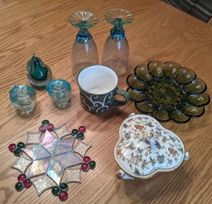 lot 385 image: Gorgeous Japanese Candy Dish with Lid, Green Deviled Egg Plate, Green Coffee Mug, (3) Glass Fruit, Stained Glass Snowflake