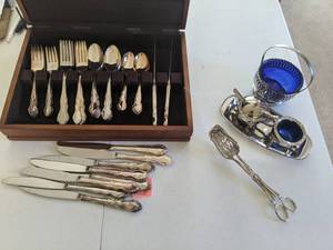 lot 366 image: Supreme Cutlery Set by Towle EP Korea w Storage Box, Antique English Victorian Stirling Silver basket w Cobalt Glass Insert, & 3 Piece Set