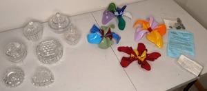 lot 572 image: Handcrafted Glass Pinwheel from Sunshine Glassworks LTD & Mixed Lot of Vintage Pressed Glass Crystal Tinket & Candy Dishes