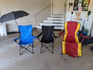 lot 586 image: (2) Foldable Camping Chairs, Foldable Lounger, Foldable Umbrella
