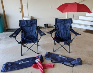 lot 587 image: (2) Folding Camping Chairs w Folding Umbrellas