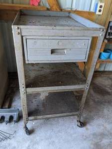 lot 122 image: Vintage Hallowell Metal Cart on Wheels with 1 Drawer and 2 Shelves