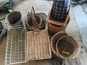 lot 140 image: Lot of Baskets, Bins, Vintage Pail, and Blanket, OH MY