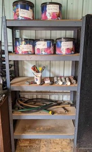lot 80 image: Tall Metal & Wood Shelf & Contents