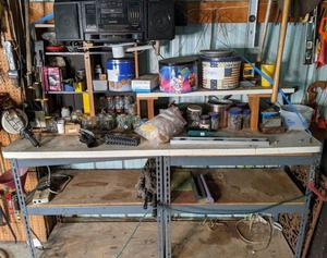 lot 83 image: (2) Metal Shelves and Misc. Supplies