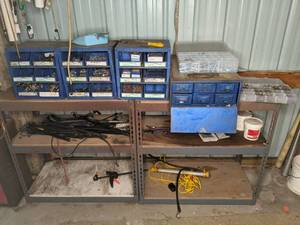 lot 88 image: (4) Blue Metal Organizers, (2) Plastic Organizers, Misc. Items & Contents