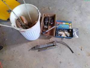 lot 23 image: Pail of Goodies (Torch Kit, Tools, ...