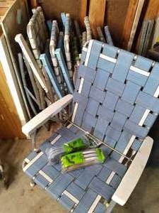 lot 34 image: (9) Outdoor Patio Chairs & Re-Web Kits, Includes Web Rocking Chair See Photos