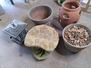 lot 35 image: Antique Green Ceramic Cemetery Planters WLeave Pattern, Bird Feeder, Strawberry Pot, & Garden Stool See Photos